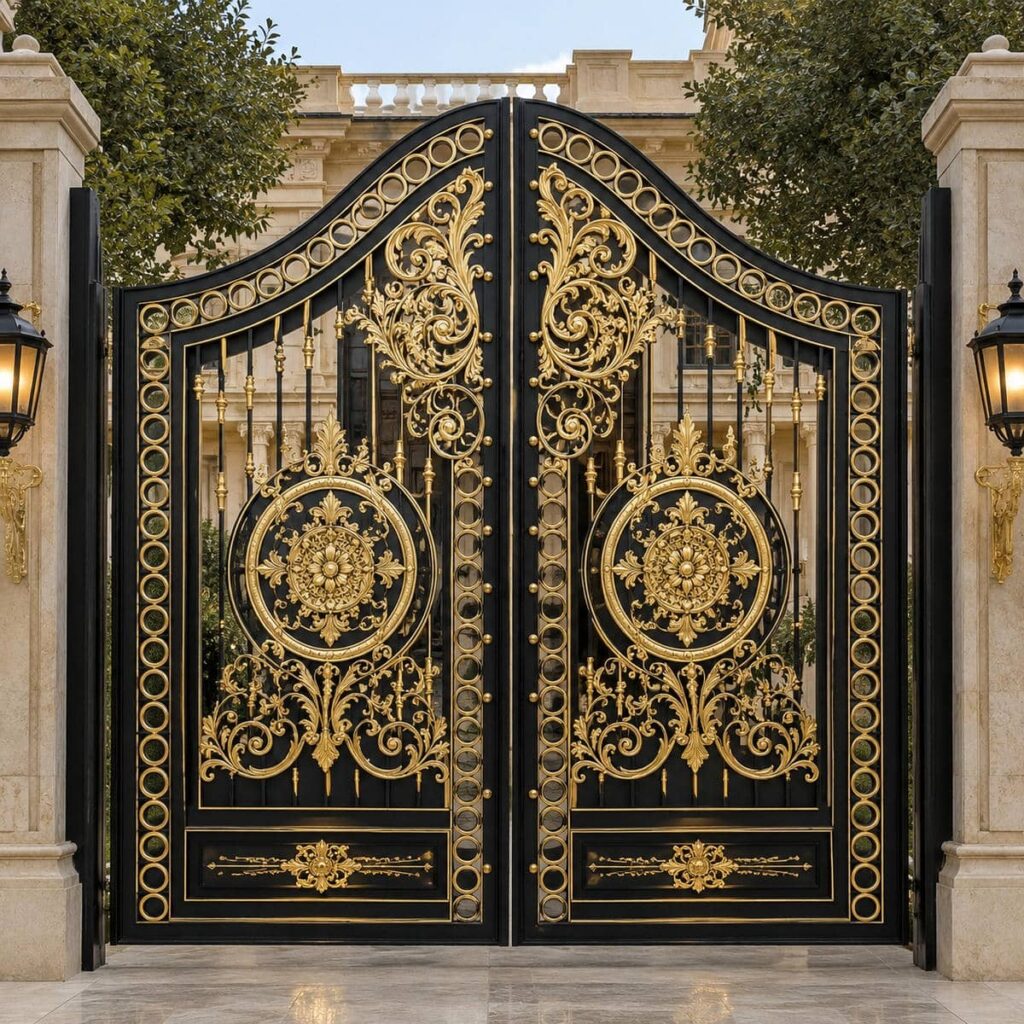 خرید درب حیاط مشکی طلایی هماهنگ با نمای ساختمان در شیراز خرید درب حیاط مشکی طلایی هماهنگ با نمای ساختمان در شیراز