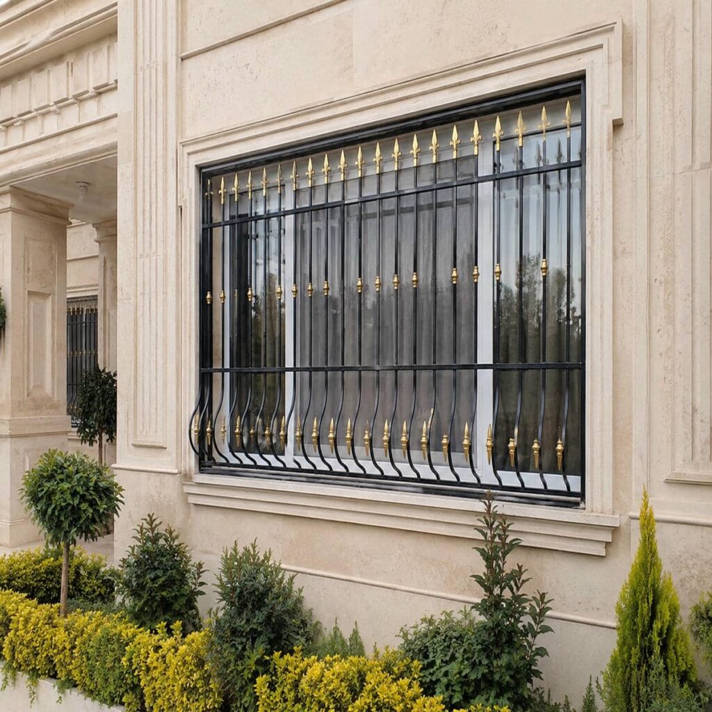 نصب حفاظ پنجره مشکی طلایی نما با طرح هندسی در شیراز
